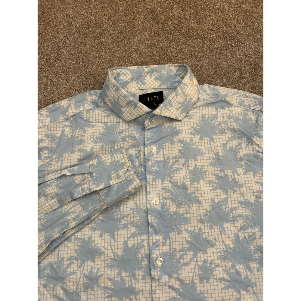 1670 Button Down Shirt Mens 15.5 34/35 Blue Excellent Slim Fit Palm Tree Stretch